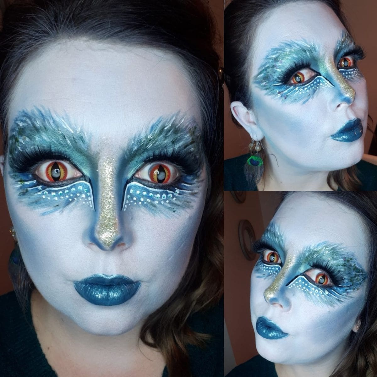 A person with fantasy makeup resembling a mythical bird, featuring blue and green feather-like eye designs, bright blue lips, golden glitter on the nose, and striking contact lenses. Three close-up angles are shown.