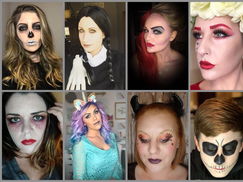 Easy makeup looks for Halloween. A collage of eight people wearing creative Halloween makeup, including skeleton, Wednesday Addams, half skull, red brows with rhinestones, zombie, unicorn, spider eyes with horns, and full skull face designs.