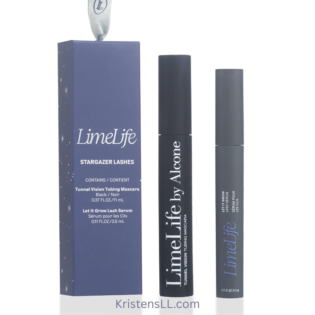 Two black tubes of LimeLife by Alcone eye products stand next to a blue box labeled Stargazer Lashes, containing Tunnel Vision Tubing Mascara and Let It Grow Lash Serum. The website KristensLL.com appears below.
