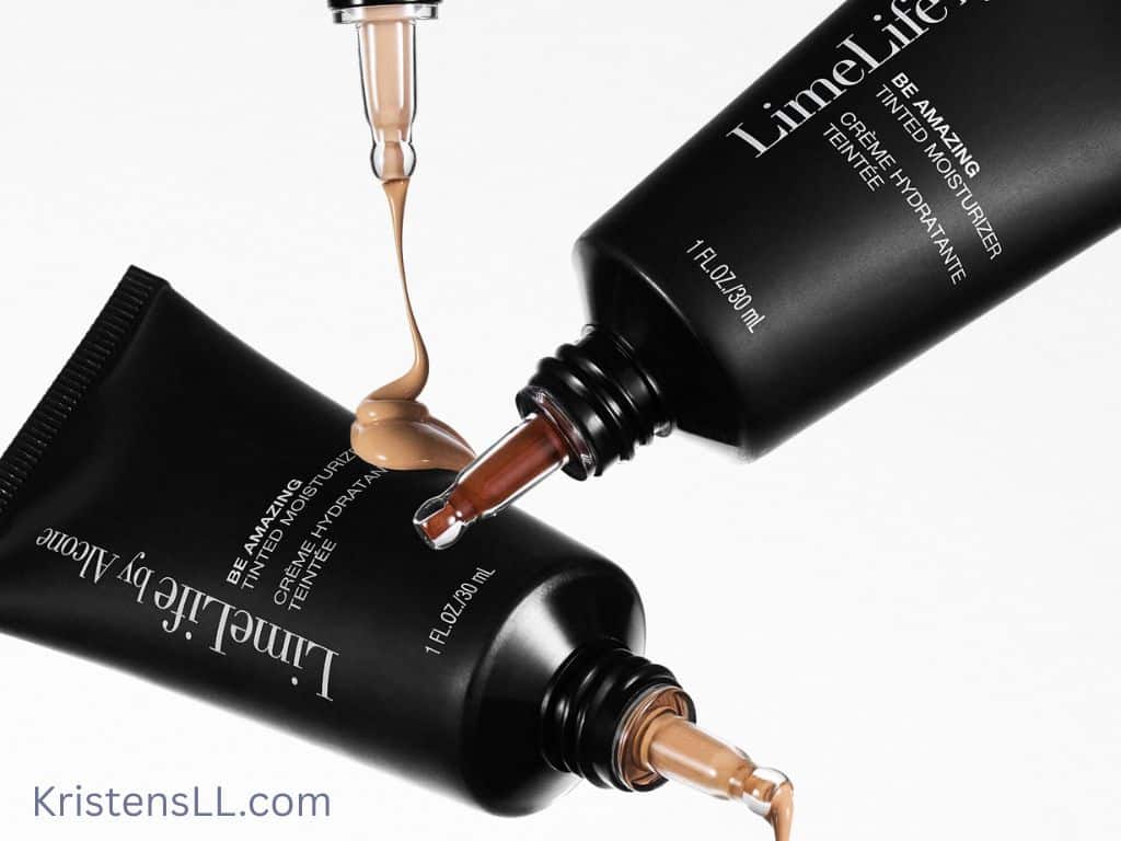 LimeLife Tinted Moisturizer. Three tubes of LimeLife by Alcone Be Amazed Tinted Moisturizer with different shades are squeezed out, with the product shown at the tube tips. The background is white and the website KristensLL.com is visible.